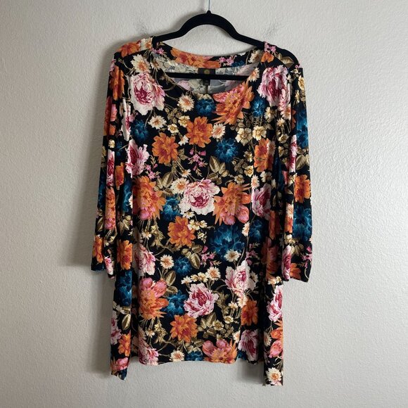 JM Collection Womens Plus XXL Floral Tunic Top 3/4 Sleeve Multicolor Stretch - Picture 6 of 10
